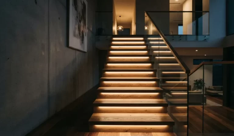 LED-lit timber staircase with illuminated treads at night