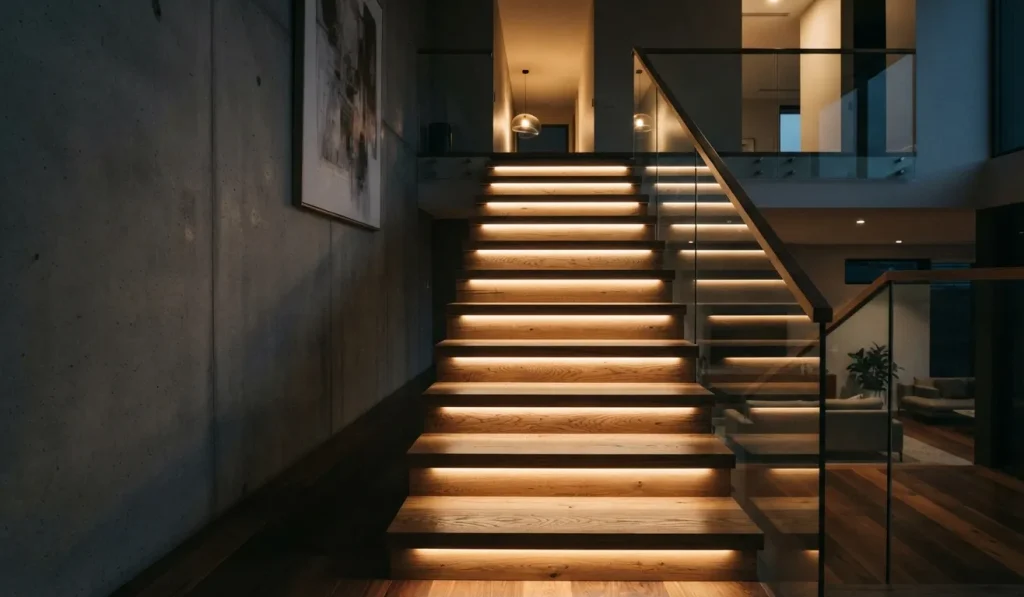 LED-lit timber staircase with illuminated treads at night