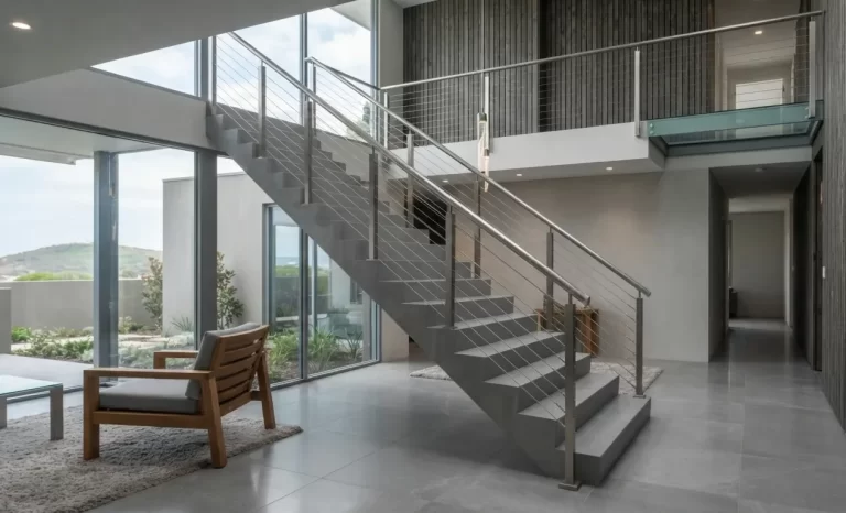 Modern staircase with wire balustrades in a bright open-plan interior