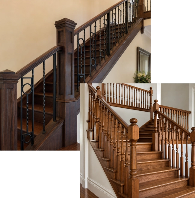 Collage of traditional timber stair balustrades and handrails