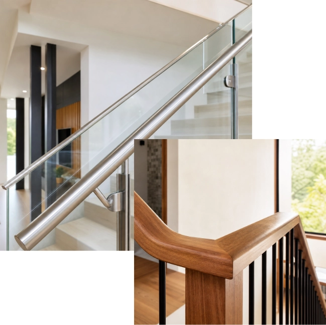 Collage of timber handrail and glass balustrade stair details