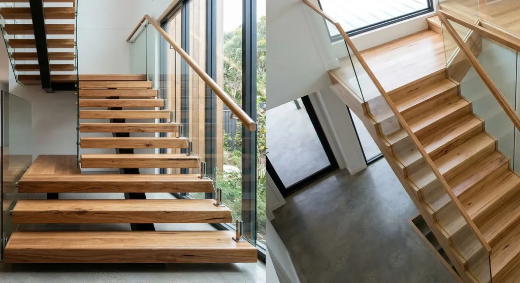 Timber staircase comparison showing spotted gum and blackbutt style tones