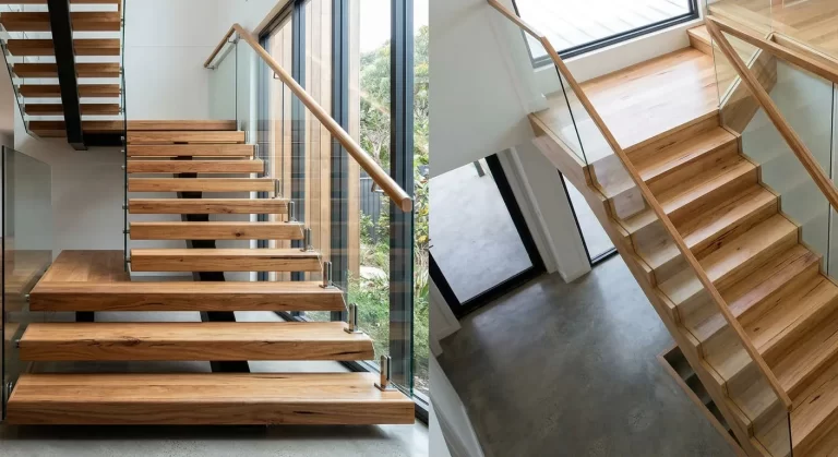 Side-by-side timber staircase images comparing timber styles