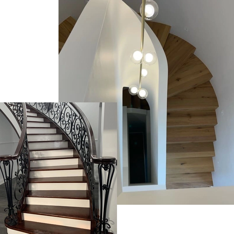 Collage of curved staircase and black lacework balustrade details