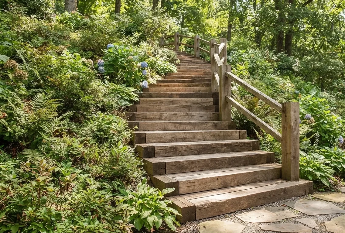 Outdoor timber stairs through landscaped garden greenery
